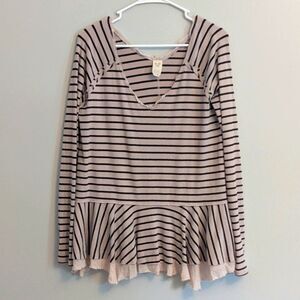 We the Free Striped Peplum Beige Brown Blouse Top Oversized Mesh Hem - Medium